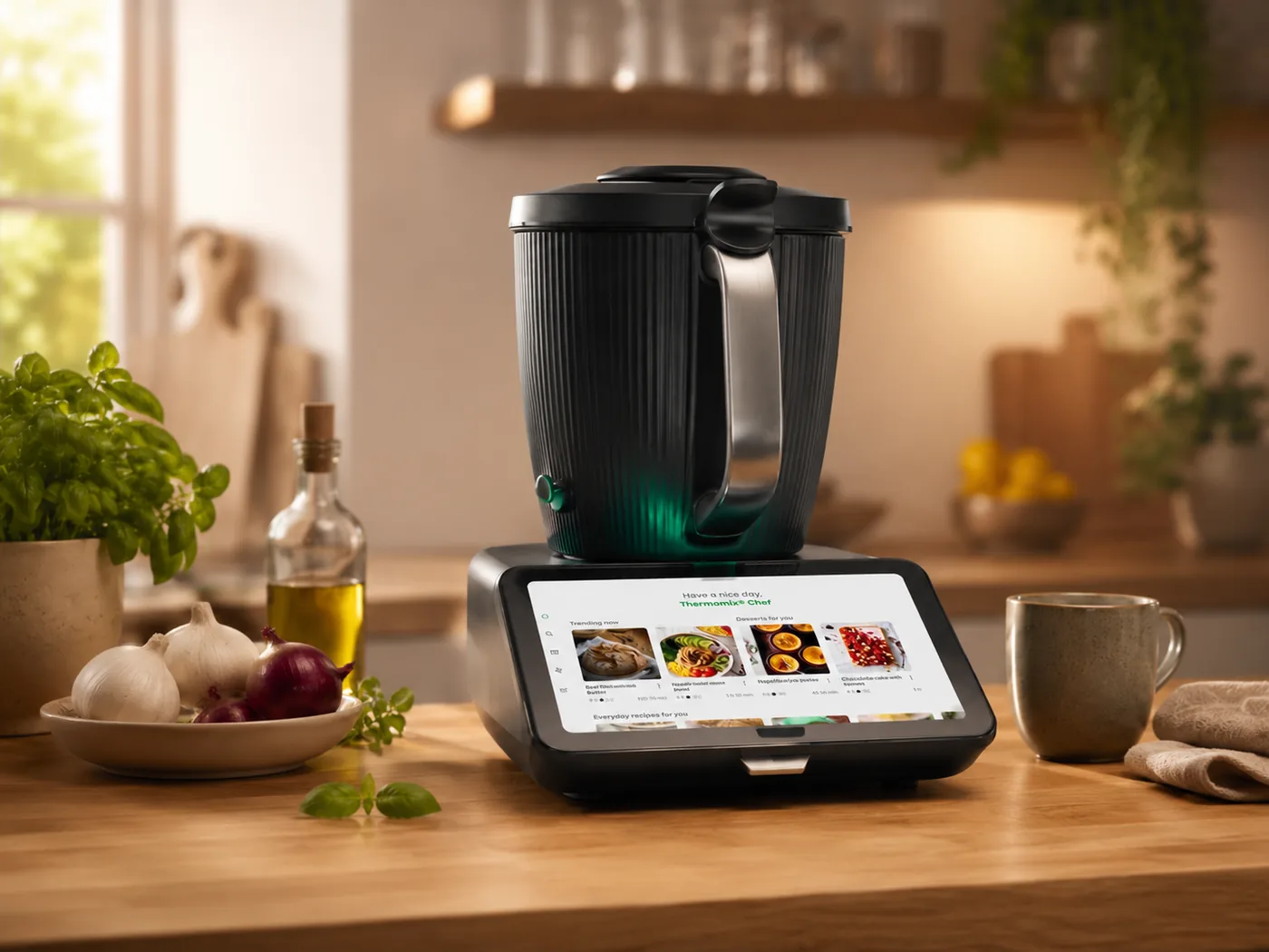 Thermomix TM7 on a kitchen bench with the touchscreen showing guided recipes