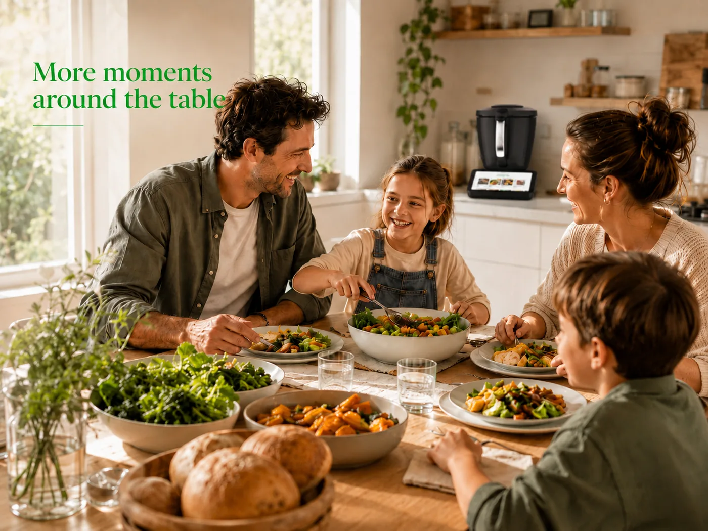 A family of four around the dinner table laughing and sharing a Thermomix-made meal