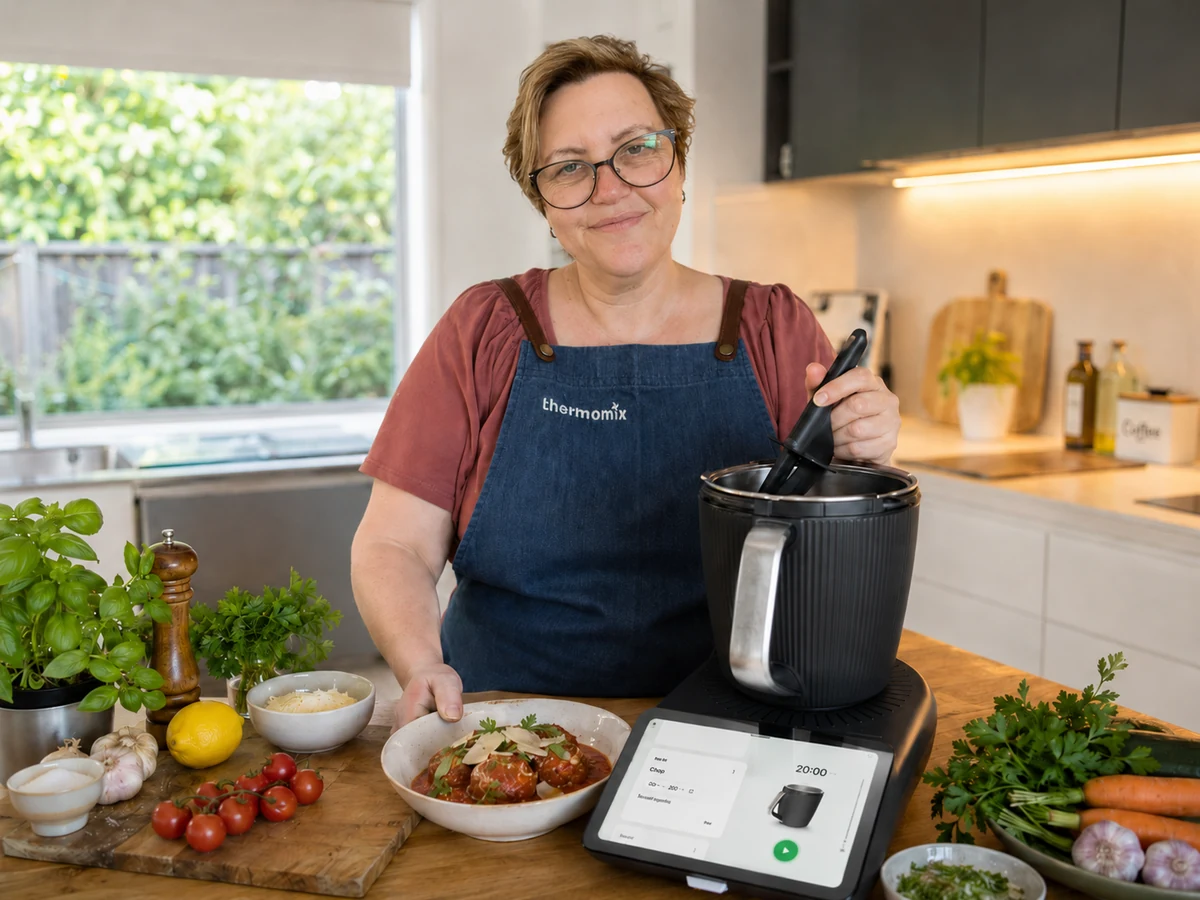 Belinda Tucker in her kitchen with the Thermomix TM7, smiling at the camera, fresh produce on the bench